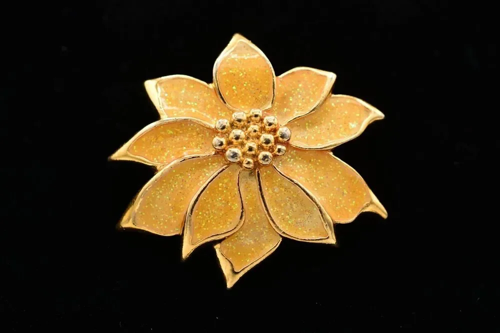 Avon Vintage Flower Pin Brooch Glitter Yellow Enamel Gold Tone 1990s BinAT